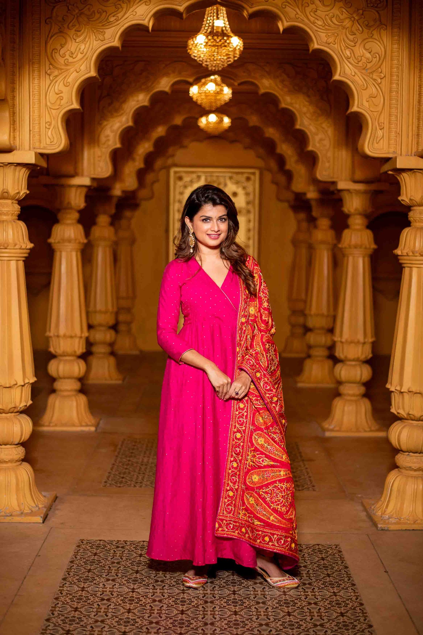 Women's Pink Chanderi Overlap Long Anarkali Set - Label Shaurya Sanadhya