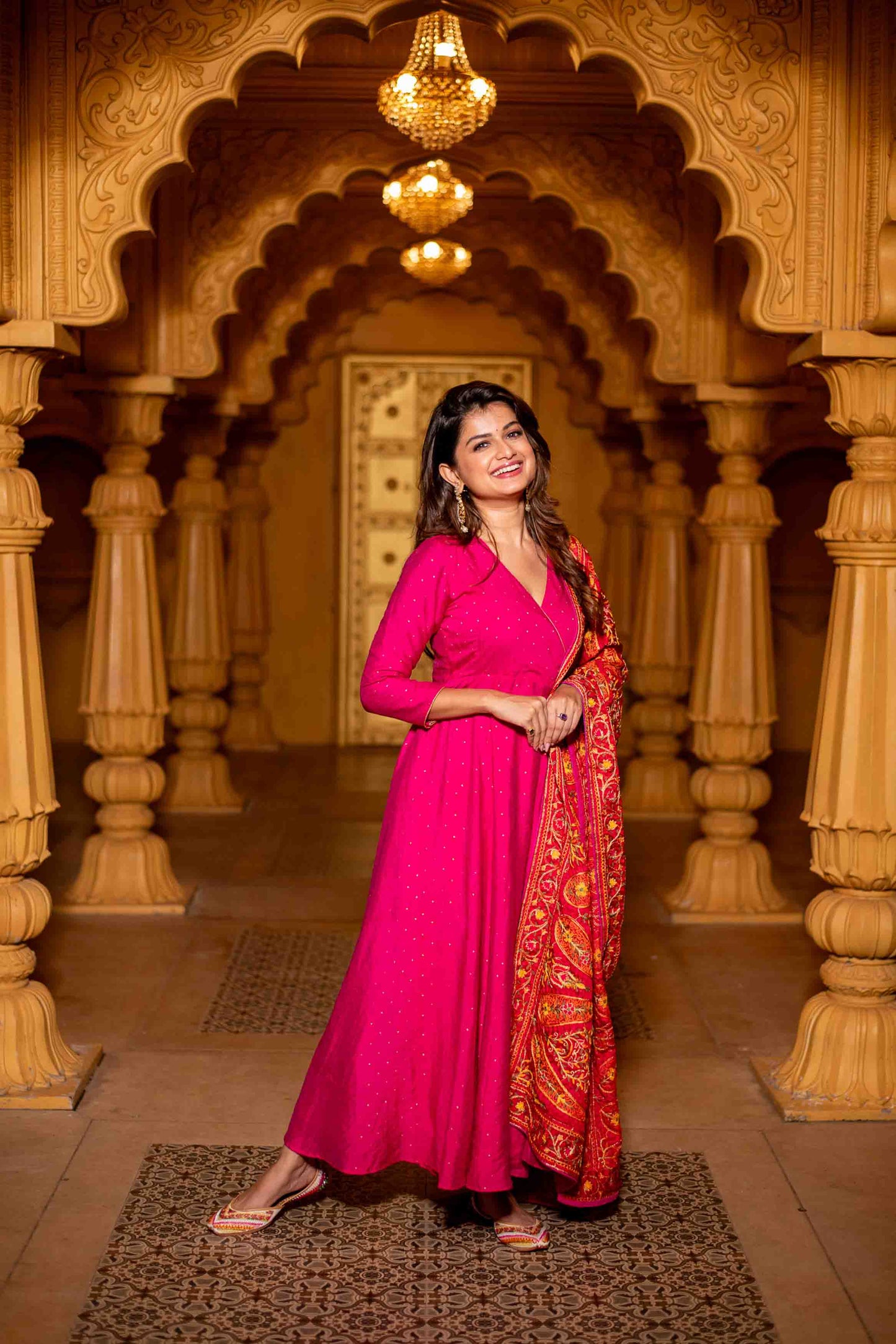 Women's Pink Chanderi Overlap Long Anarkali Set - Label Shaurya Sanadhya