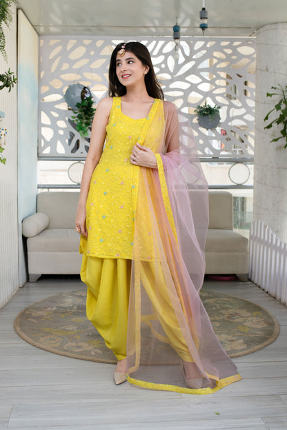 Women's Yellow And Pink Patiala Set (3pcs set) - Shaurya Sanadhya