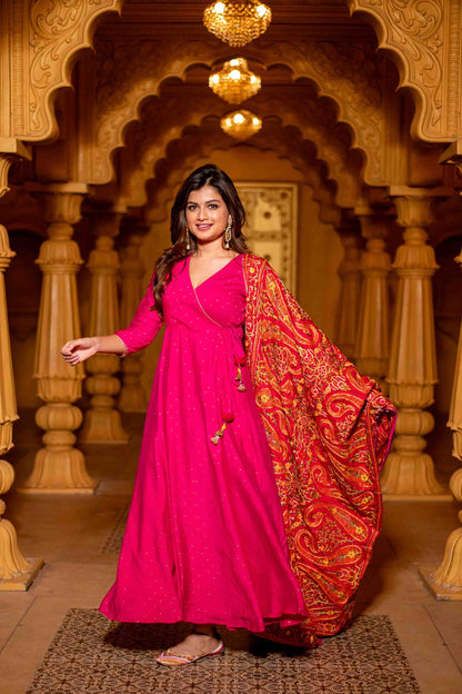 Women's Pink Chanderi Overlap Long Anarkali Set - Label Shaurya Sanadhya