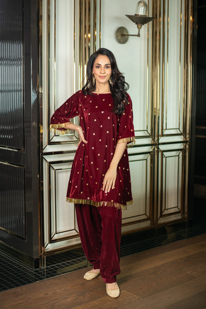 Women's Velvet Maroon Sequin Co-ord Set - Label Shaurya Sanadhya