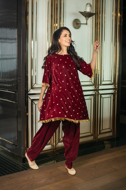 Women's Velvet Maroon Sequin Co-ord Set - Label Shaurya Sanadhya