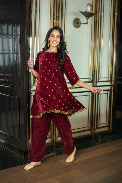 Women's Velvet Maroon Sequin Co-ord Set - Label Shaurya Sanadhya