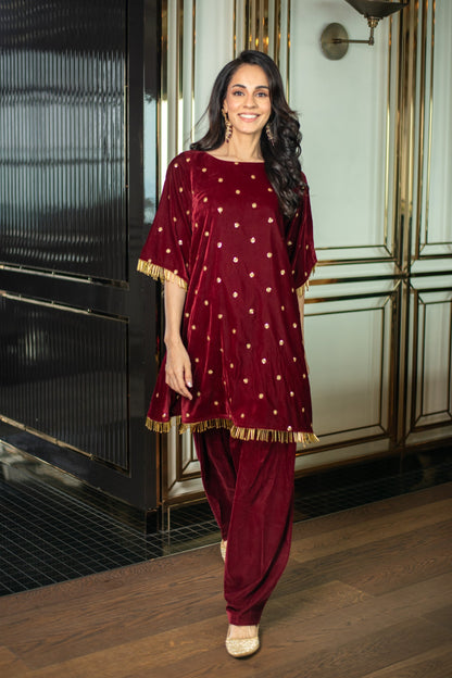 Women's Velvet Maroon Sequin Co-ord Set - Label Shaurya Sanadhya