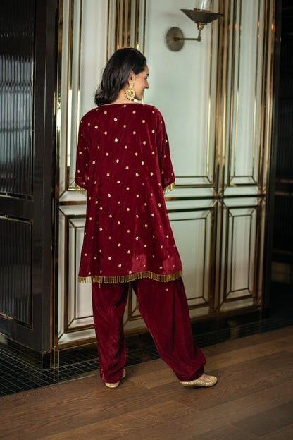 Women's Velvet Maroon Sequin Co-ord Set - Label Shaurya Sanadhya