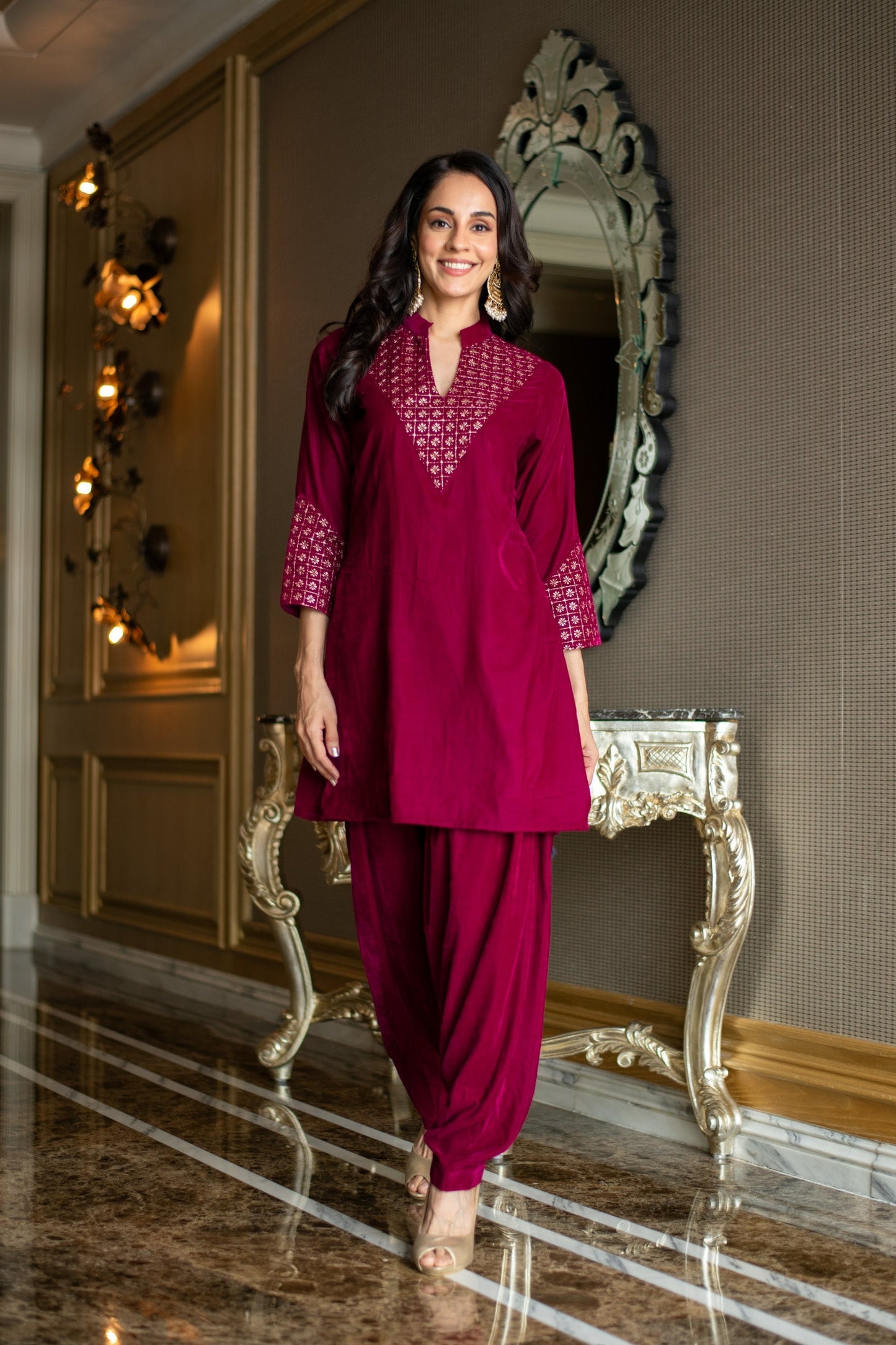 Women's Velvet Magenta Coord Set - Label Shaurya Sanadhya