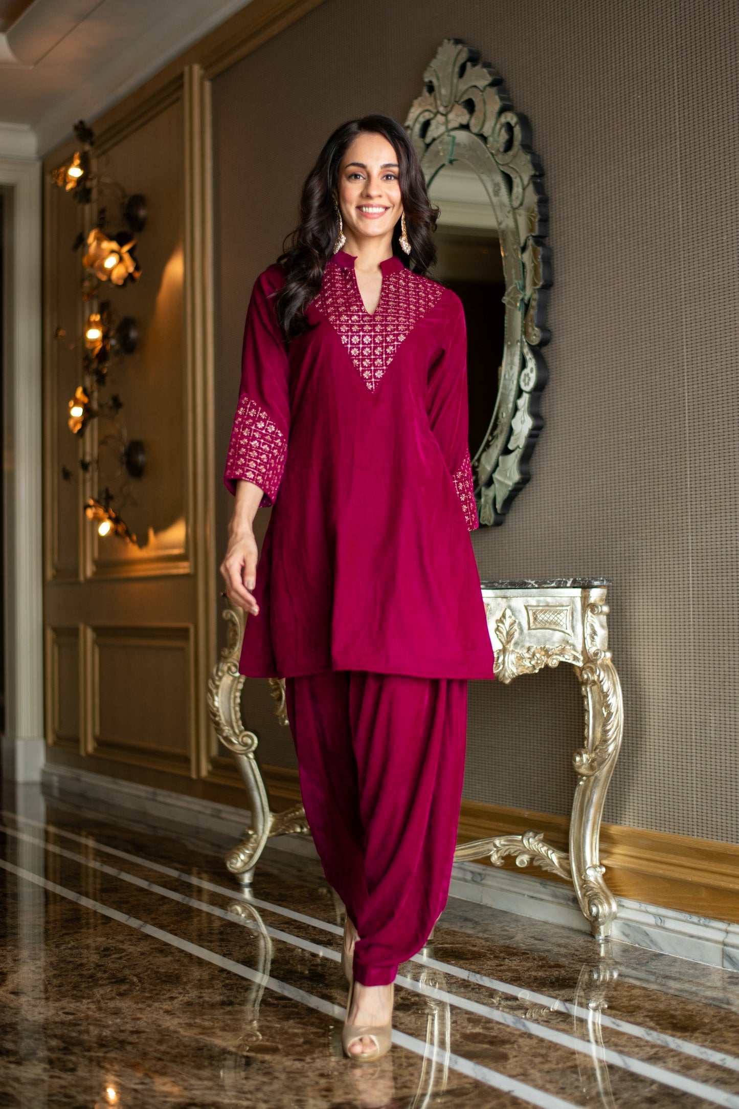 Women's Velvet Magenta Coord Set - Label Shaurya Sanadhya