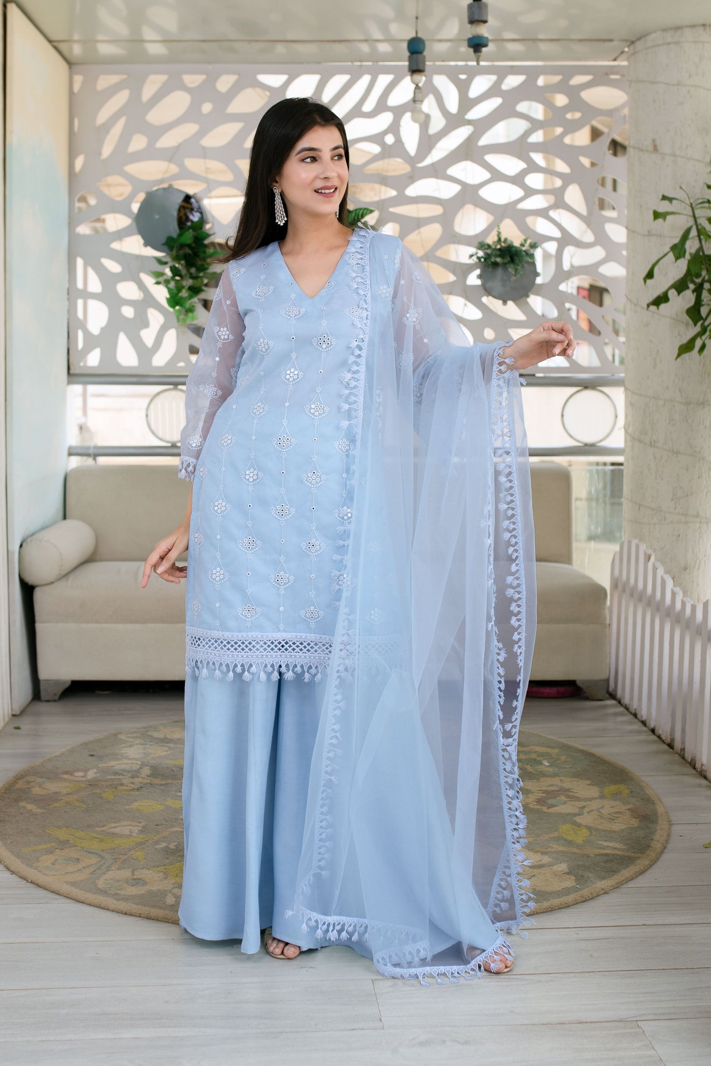 Women's Light Blue Organza Kurta With Palazzo And Dupatta (3 Pc Set) -  Label Shaurya Sanadhya