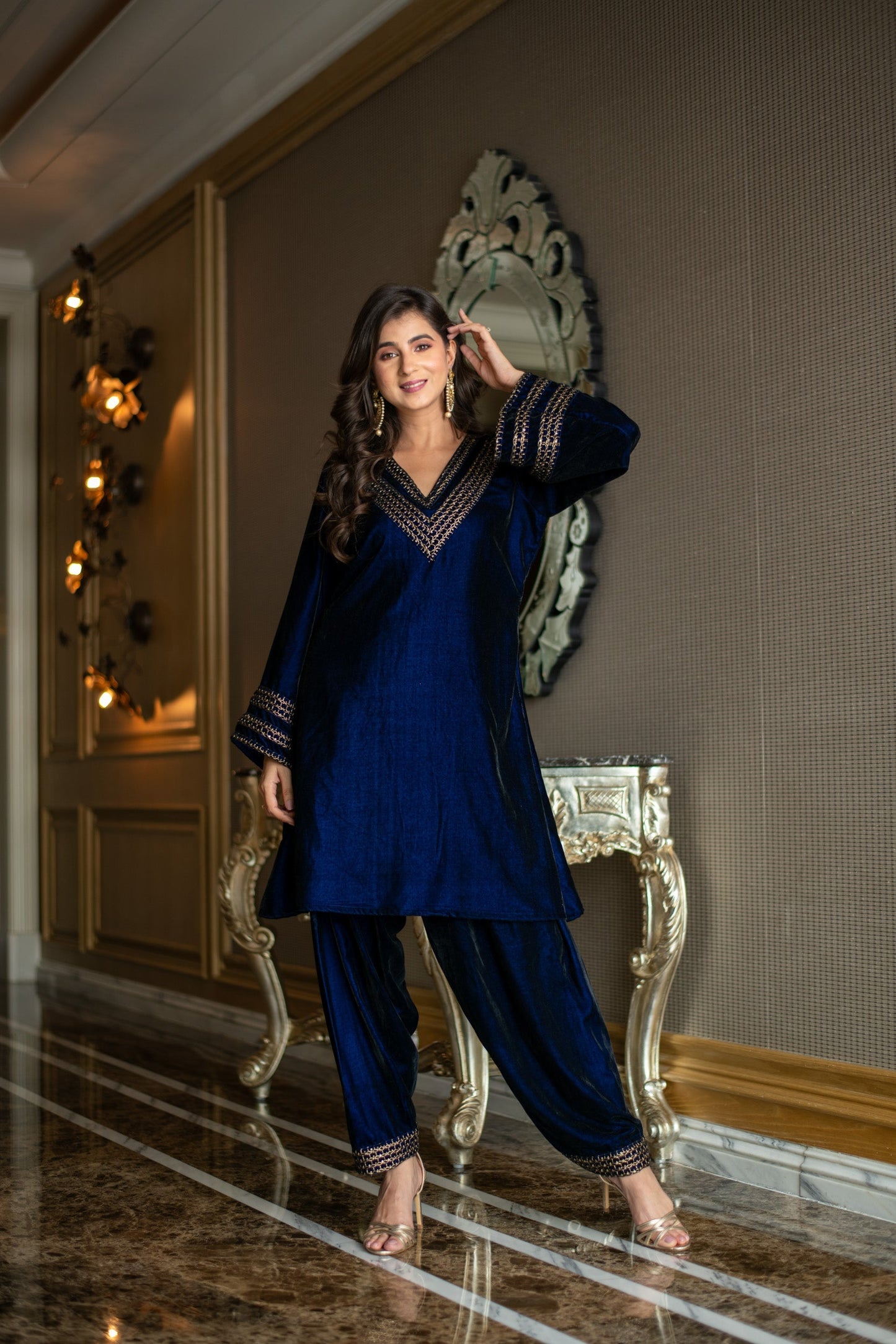 Women's Velvet Royal Blue Co-Ord Set - Label Shaurya Sanadhya