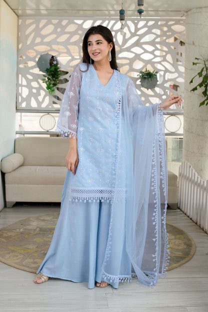 Women's Light Blue Organza Kurta With Palazzo And Dupatta (3 Pc Set) -  Label Shaurya Sanadhya