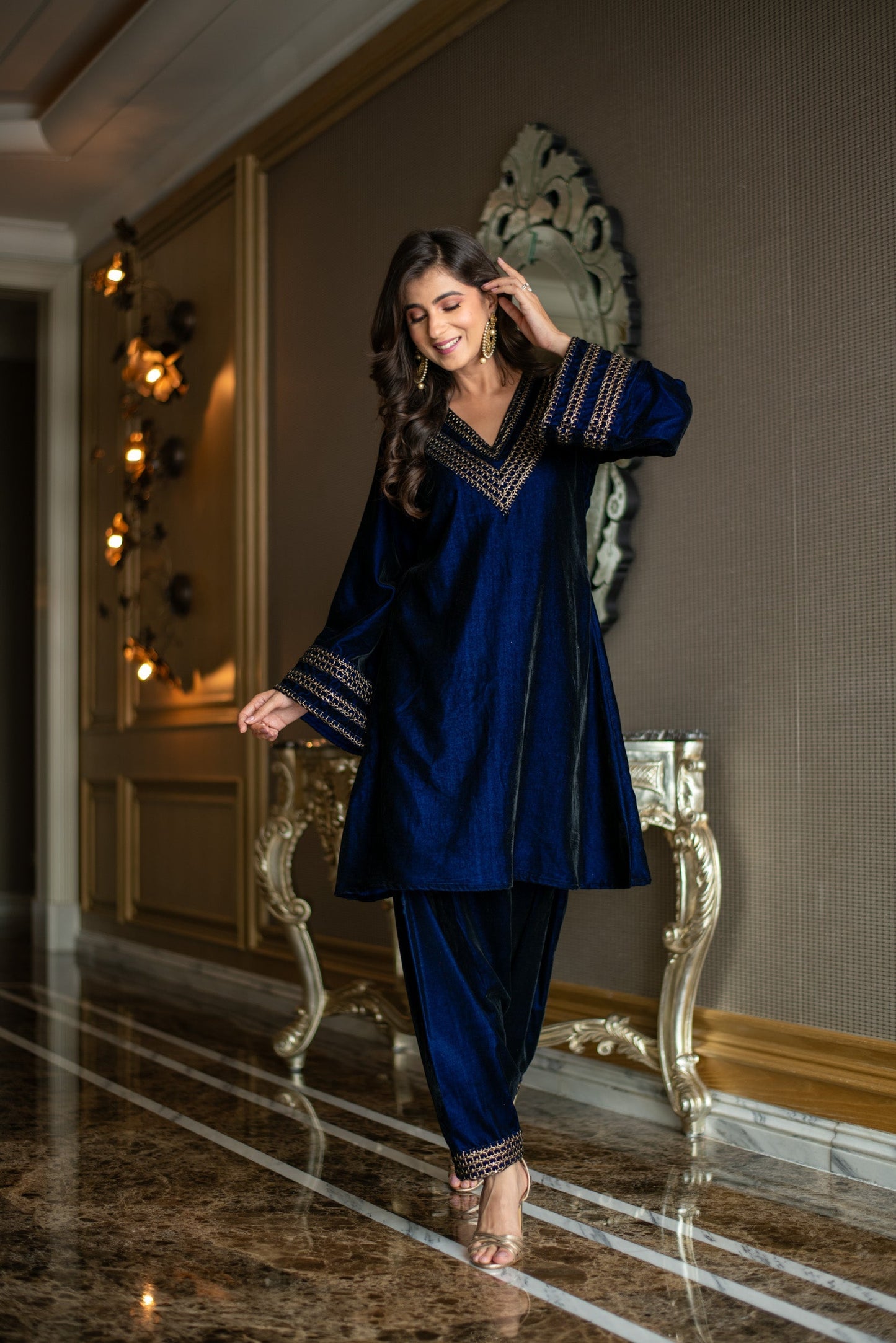 Women's Velvet Royal Blue Co-Ord Set - Label Shaurya Sanadhya