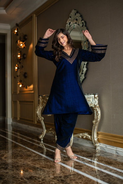 Women's Velvet Royal Blue Co-Ord Set - Label Shaurya Sanadhya