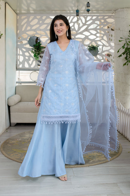 Women's Light Blue Organza Kurta With Palazzo And Dupatta (3 Pc Set) -  Label Shaurya Sanadhya