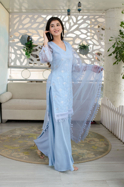 Women's Light Blue Organza Kurta With Palazzo And Dupatta (3 Pc Set) -  Label Shaurya Sanadhya