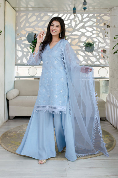 Women's Light Blue Organza Kurta With Palazzo And Dupatta (3 Pc Set) -  Label Shaurya Sanadhya