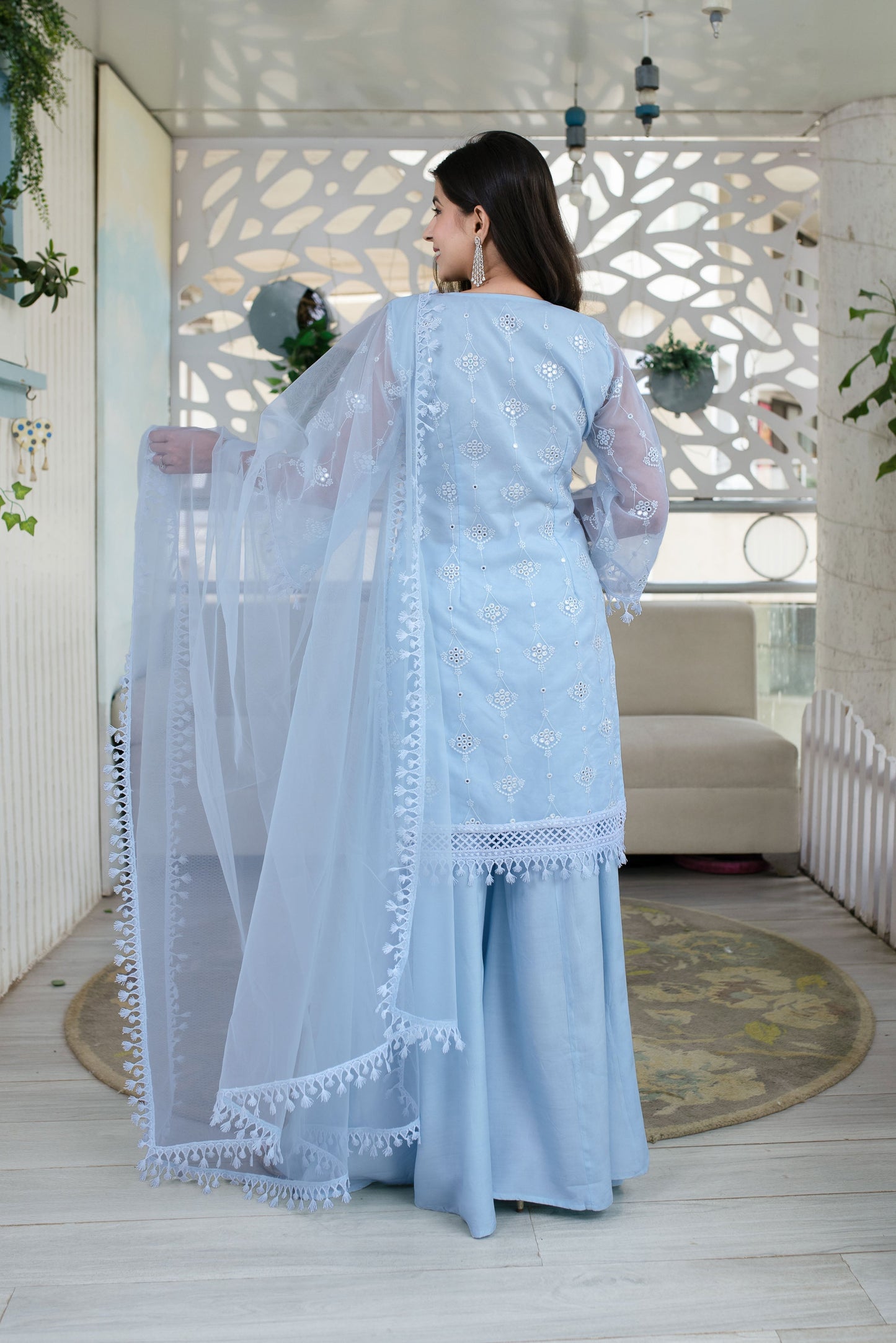 Women's Light Blue Organza Kurta With Palazzo And Dupatta (3 Pc Set) -  Label Shaurya Sanadhya