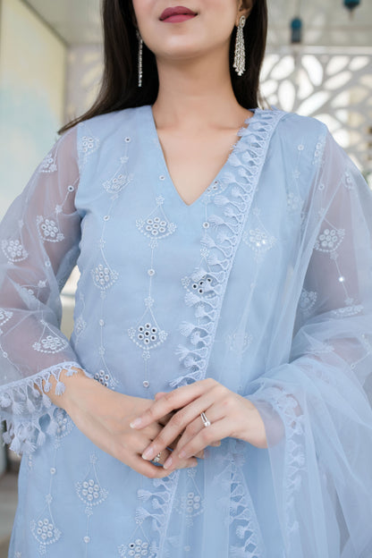 Women's Light Blue Organza Kurta With Palazzo And Dupatta (3 Pc Set) -  Label Shaurya Sanadhya