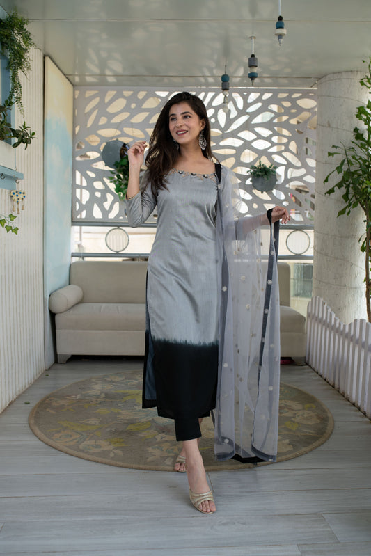 Women's Black And Grey Hand Work Kurta Set (3pcs Set) - Label Shaurya Sanadhya