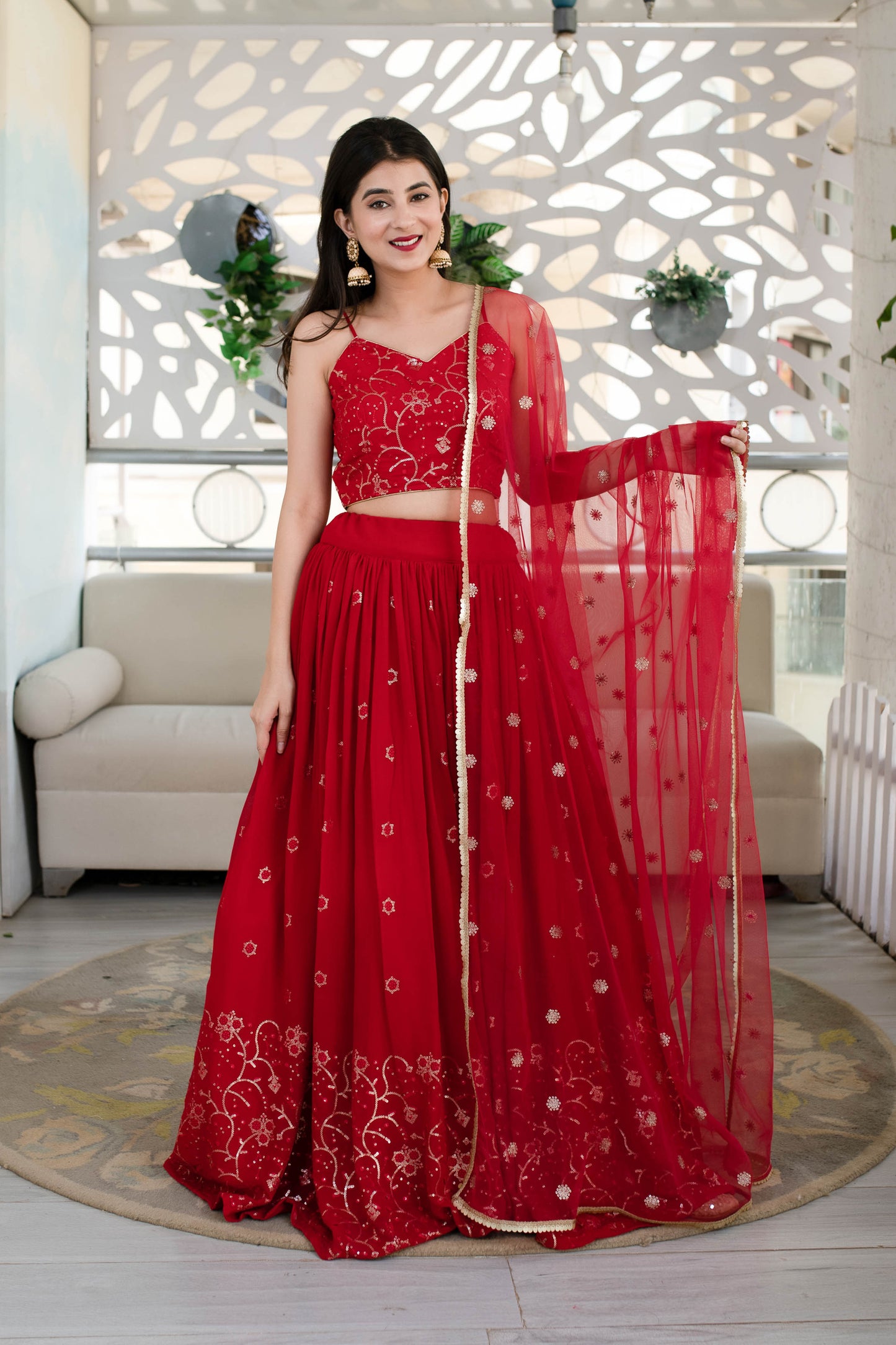 Women's Red Daman Work Lehenga (3 Pc Set) - Label Shaurya Sanadhya