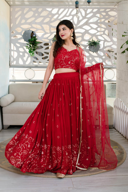 Women's Red Daman Work Lehenga (3 Pc Set) - Label Shaurya Sanadhya