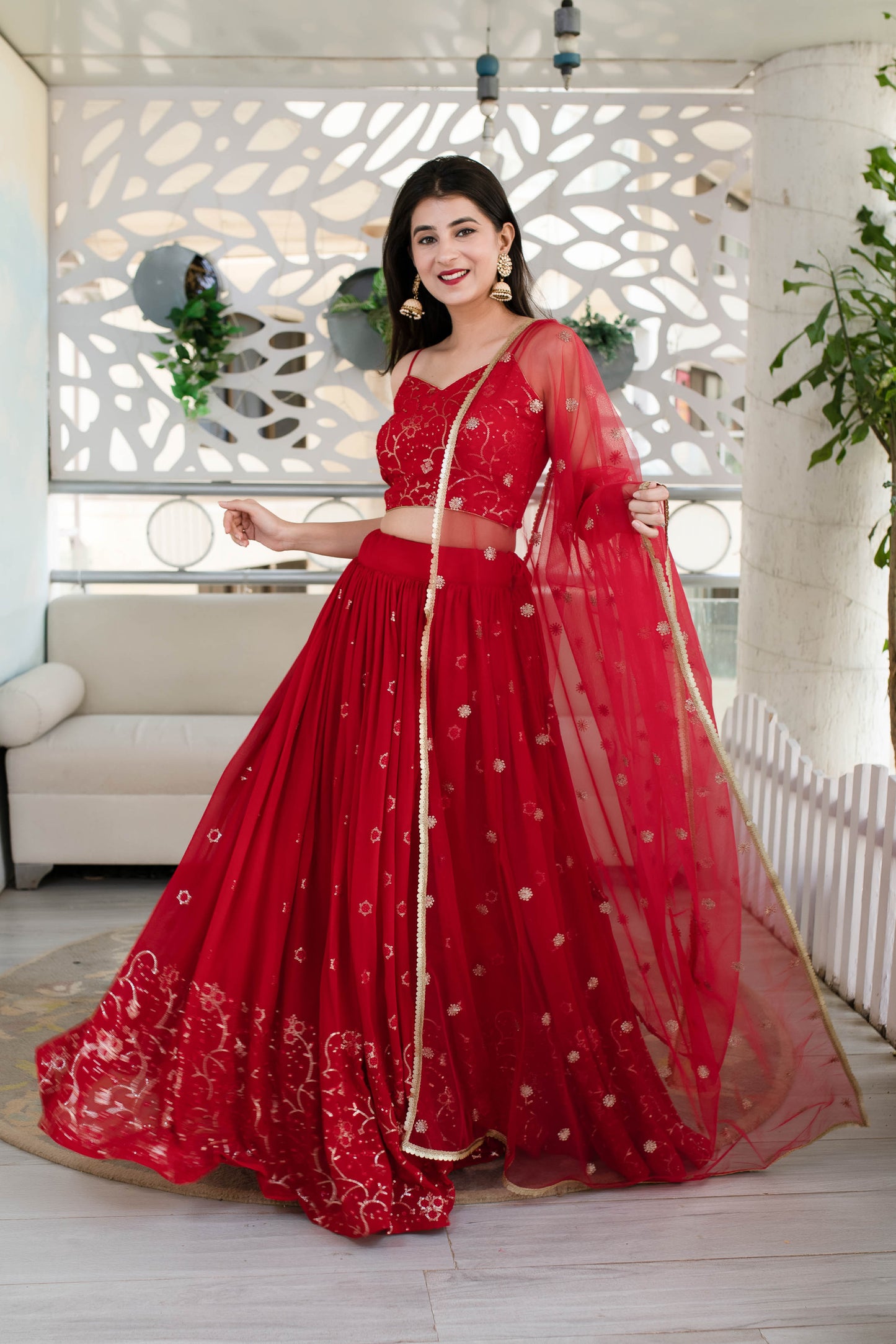 Women's Red Daman Work Lehenga (3 Pc Set) - Label Shaurya Sanadhya