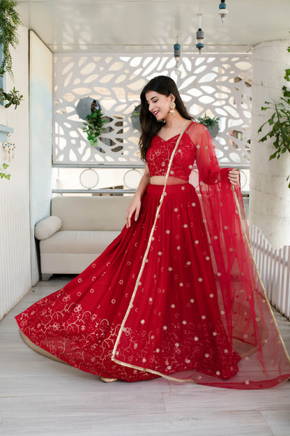 Women's Red Daman Work Lehenga (3 Pc Set) - Label Shaurya Sanadhya