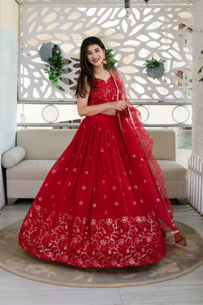 Women's Red Daman Work Lehenga (3 Pc Set) - Label Shaurya Sanadhya