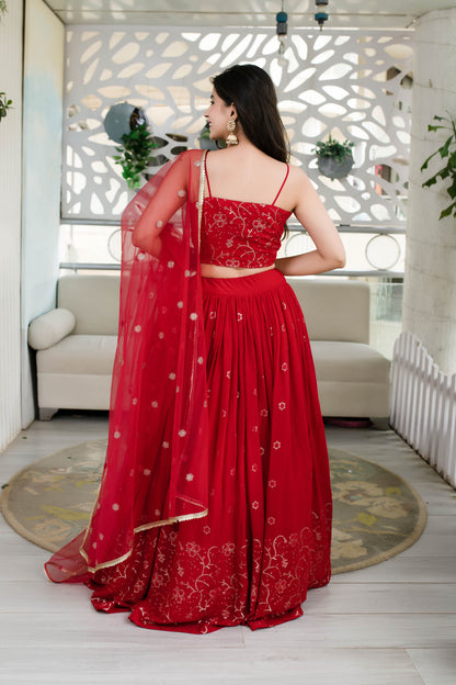 Women's Red Daman Work Lehenga (3 Pc Set) - Label Shaurya Sanadhya