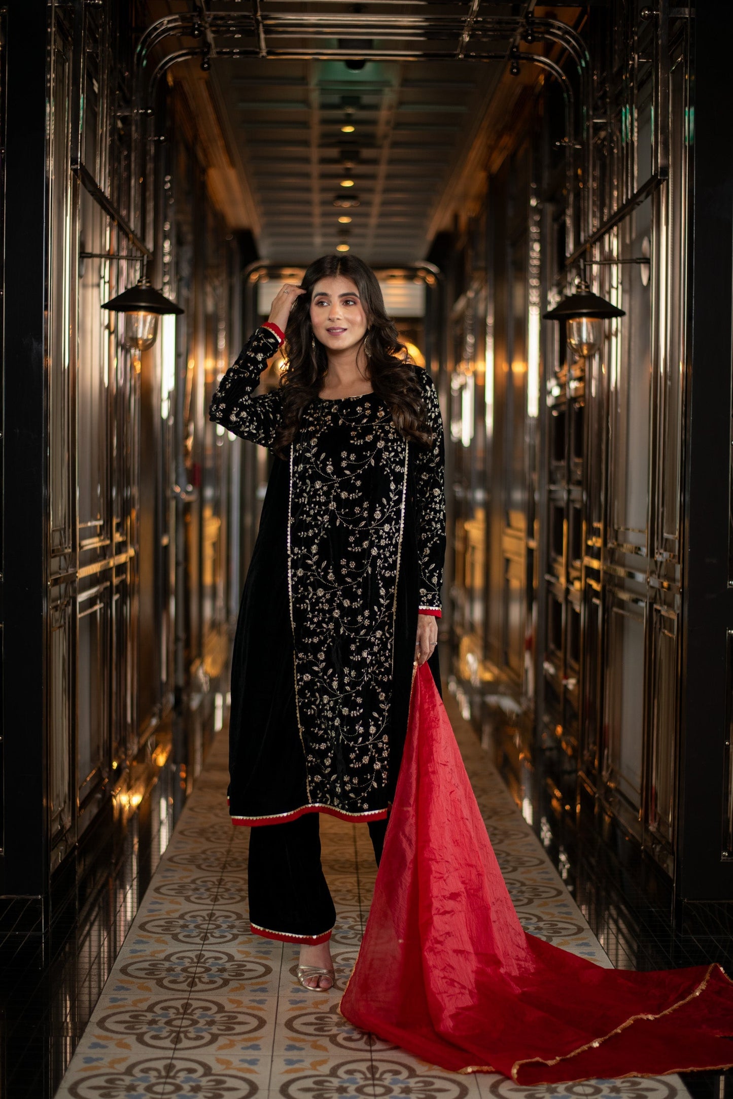 Women's Velvet Black Pannel Kurta Set - Label Shaurya Sanadhya