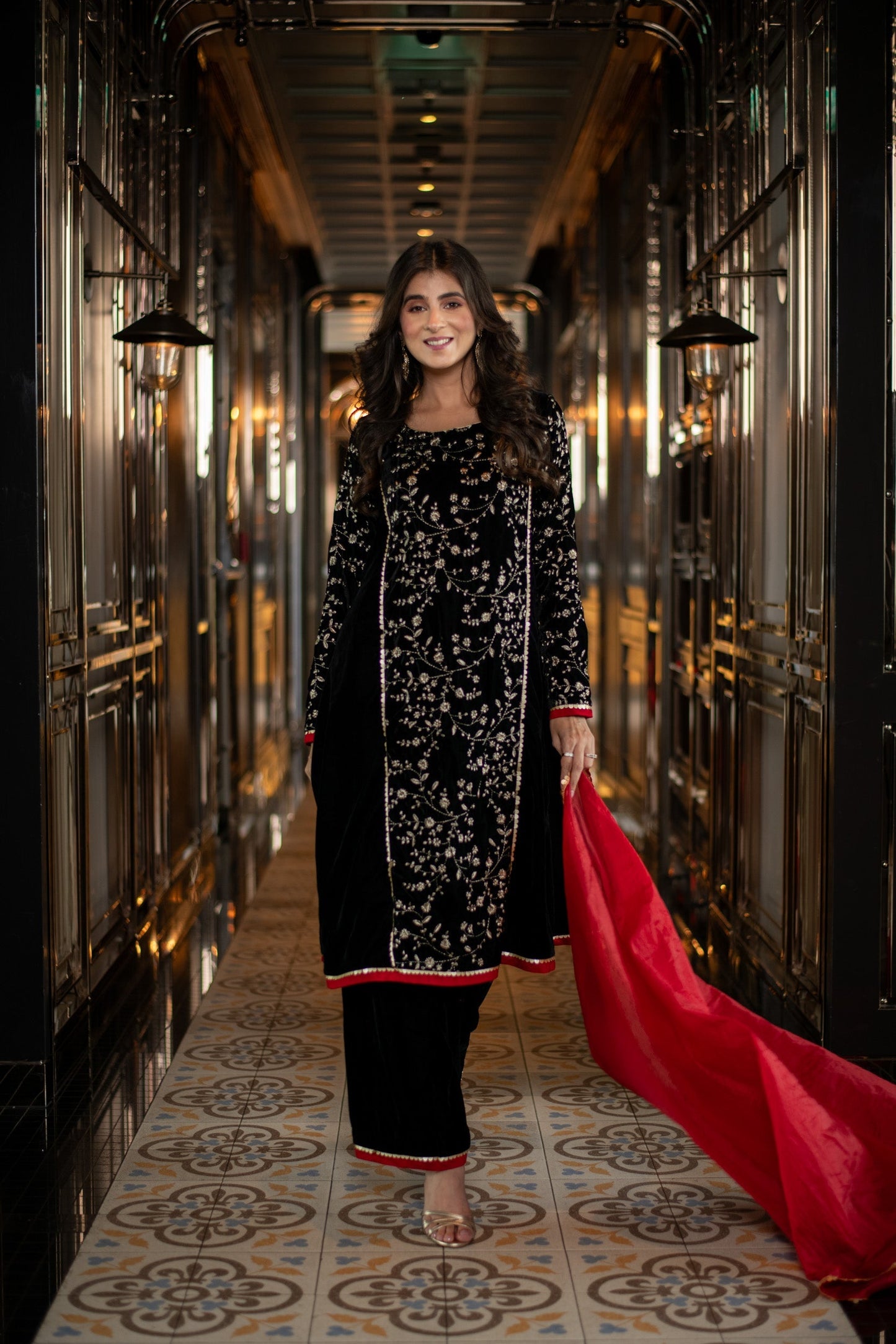 Women's Velvet Black Pannel Kurta Set - Label Shaurya Sanadhya