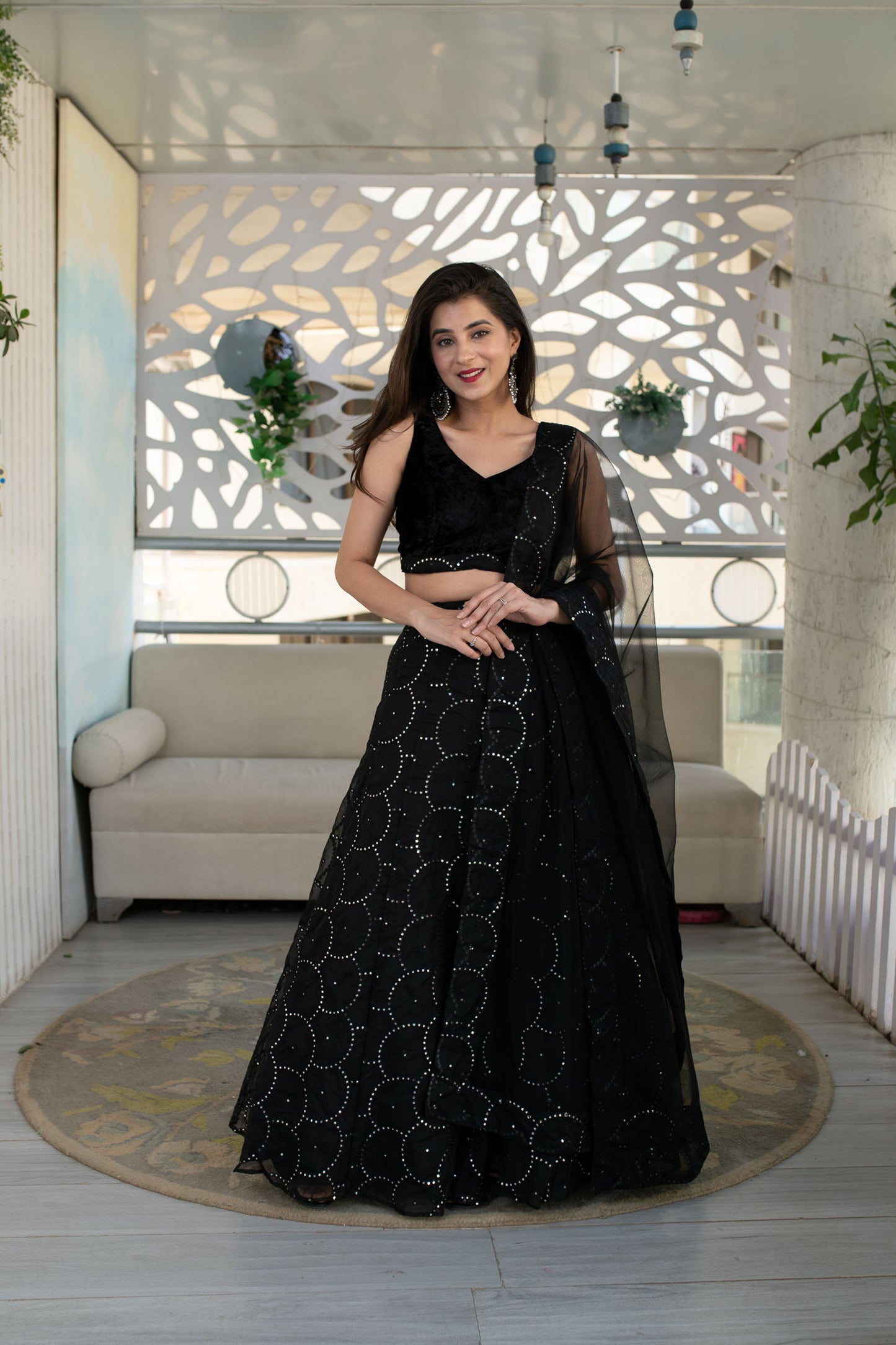 Women's Black Organza Lehenga With Velvet Blouse (3 Pc Set) - Label Shaurya Sanadhya