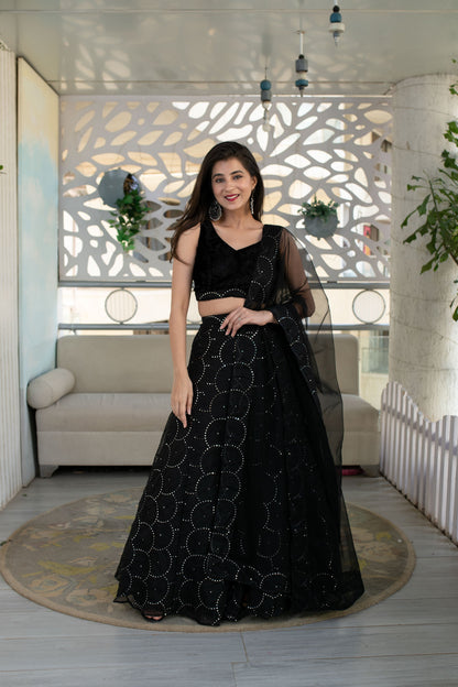 Women's Black Organza Lehenga With Velvet Blouse (3 Pc Set) - Label Shaurya Sanadhya