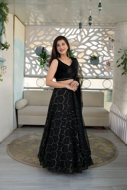 Women's Black Organza Lehenga With Velvet Blouse (3 Pc Set) - Label Shaurya Sanadhya