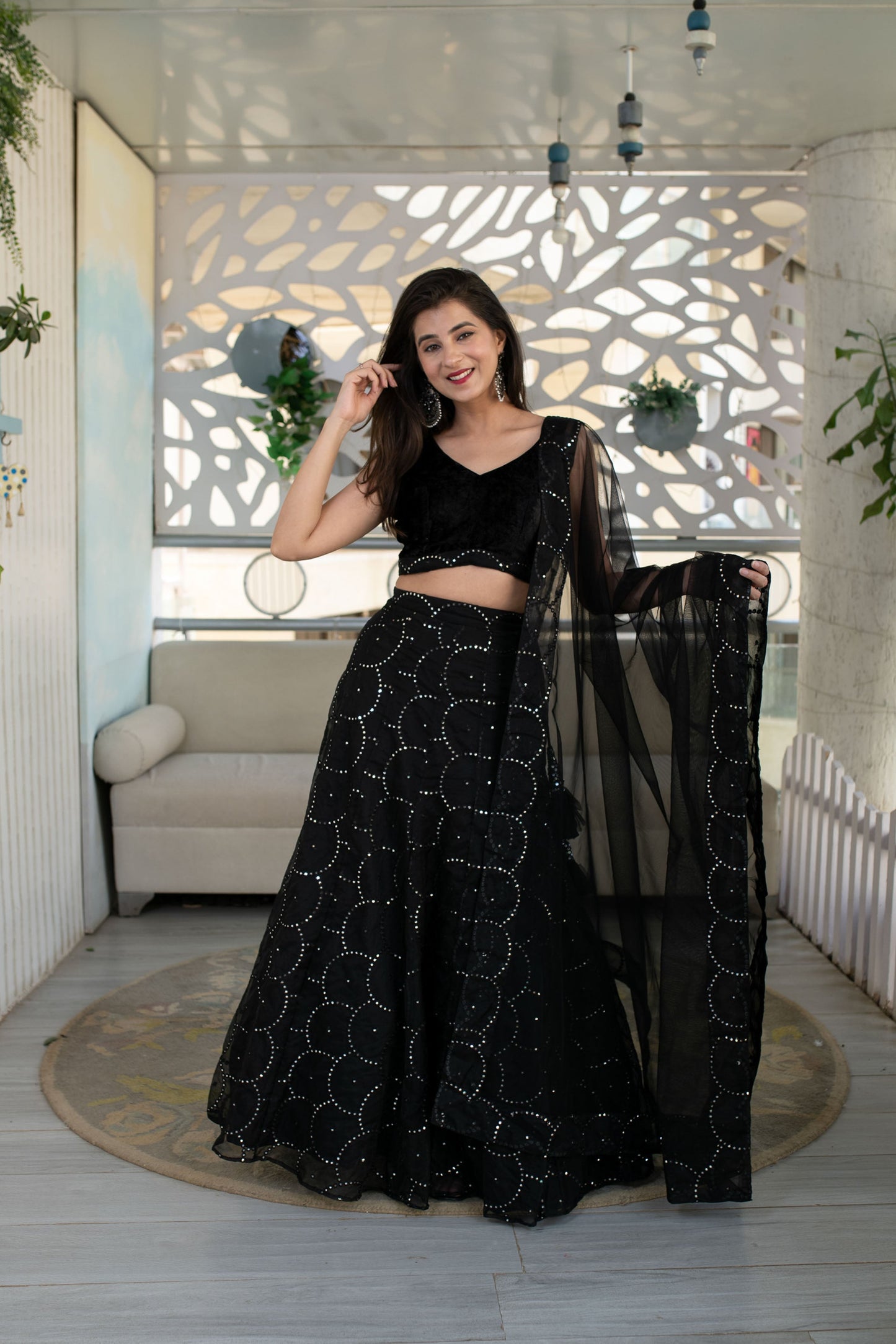 Women's Black Organza Lehenga With Velvet Blouse (3 Pc Set) - Label Shaurya Sanadhya