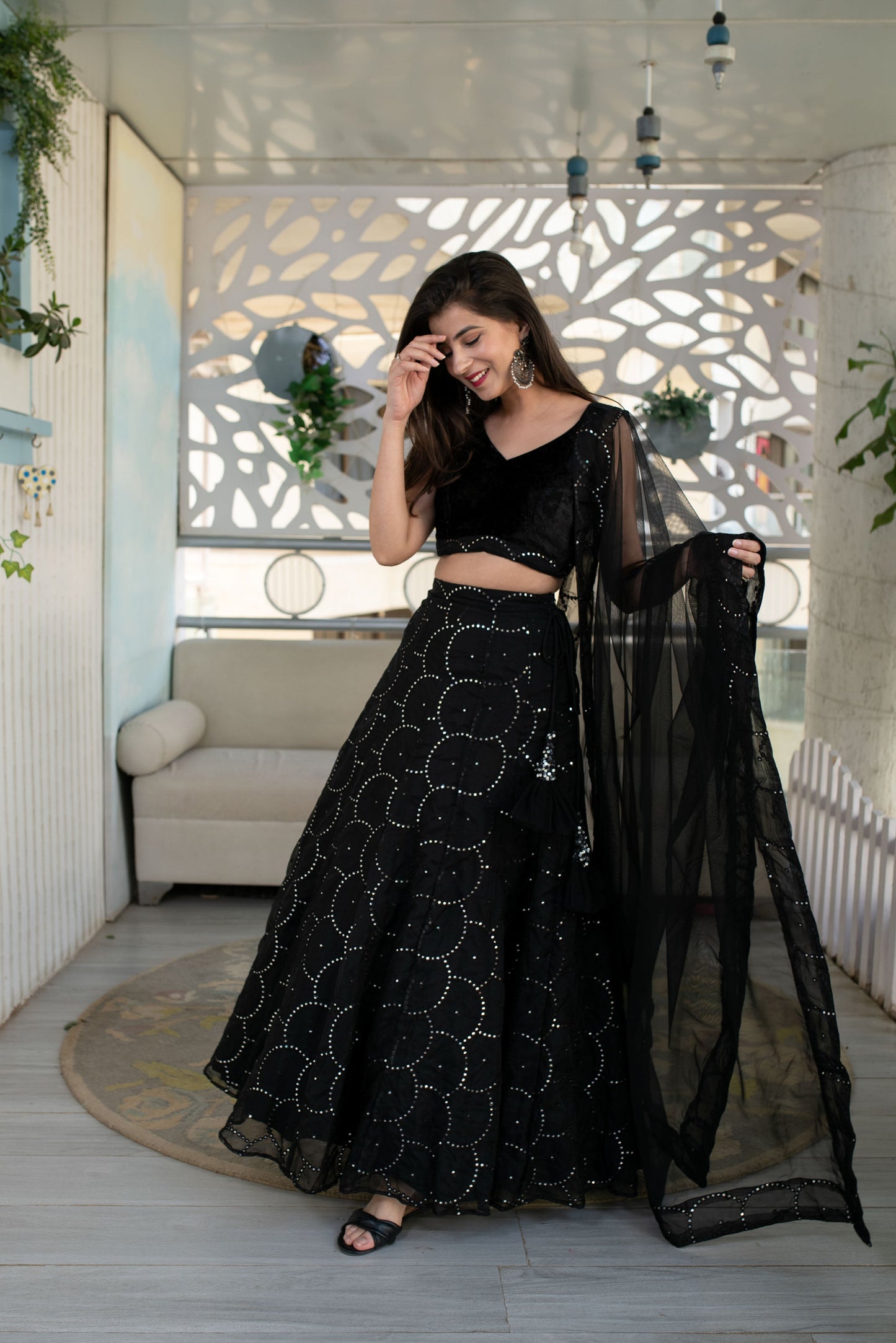 Women's Black Organza Lehenga With Velvet Blouse (3 Pc Set) - Label Shaurya Sanadhya