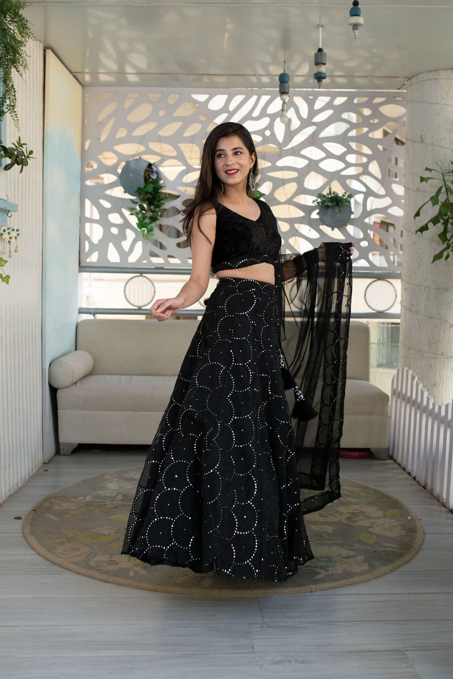 Women's Black Organza Lehenga With Velvet Blouse (3 Pc Set) - Label Shaurya Sanadhya