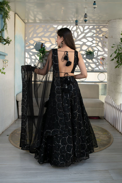 Women's Black Organza Lehenga With Velvet Blouse (3 Pc Set) - Label Shaurya Sanadhya