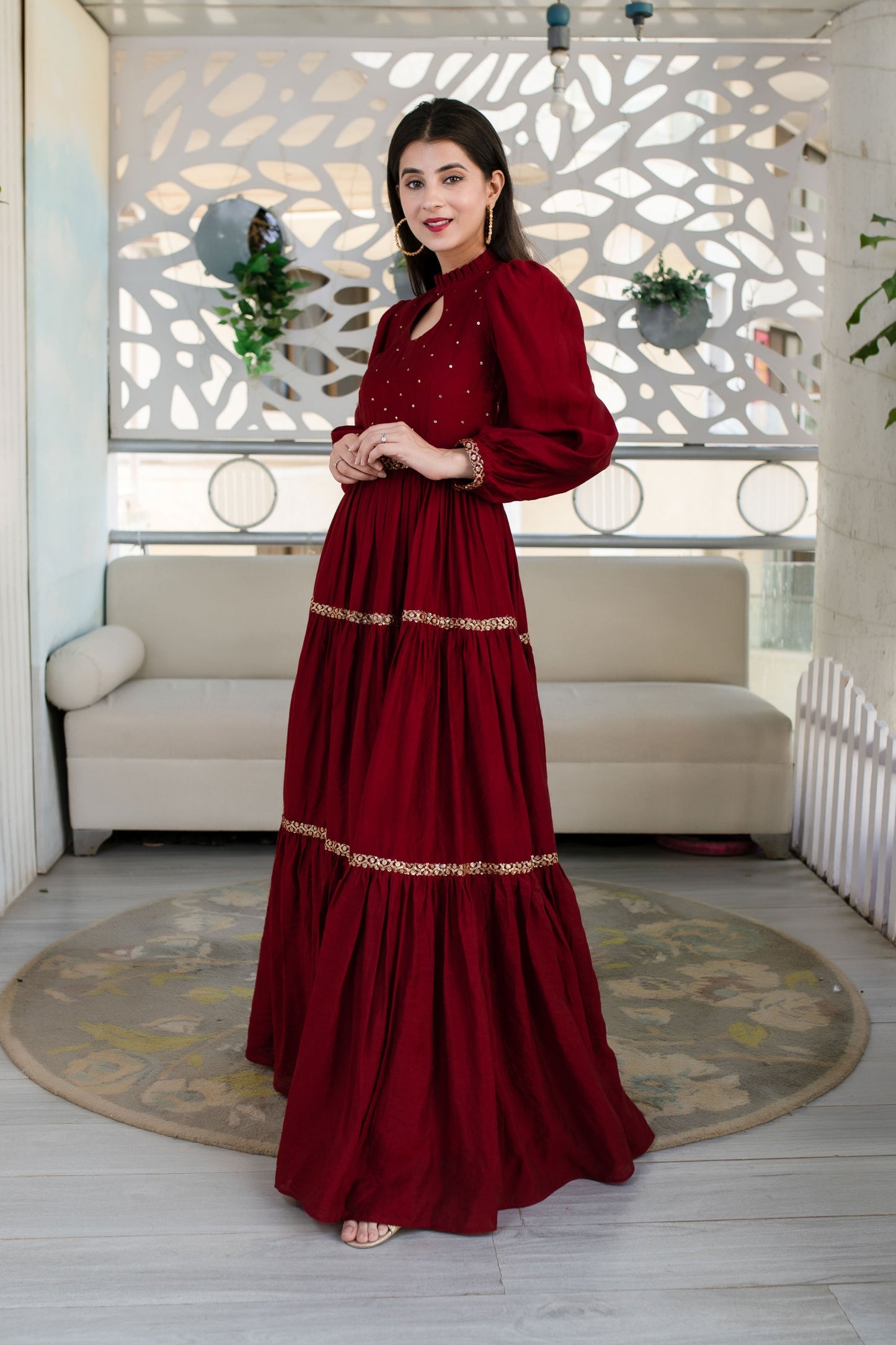 Women's Maroon Hand Work Gown - Label Shaurya Sanadhya