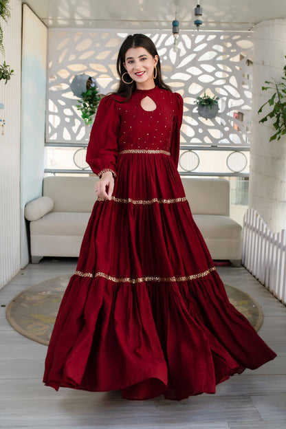 Women's Maroon Hand Work Gown - Label Shaurya Sanadhya