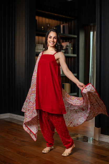 Women's Red Velvet Salwar With Heavy Dupatta - Label Shaurya Sanadhya