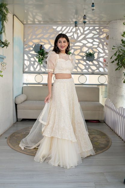 Women's Cream Lehenga ( 3 Pc Set) - Label Shaurya Sanadhya