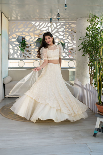 Women's Cream Lehenga ( 3 Pc Set) - Label Shaurya Sanadhya