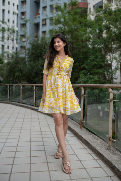 Women's Yellow White Floral Short Dress (1pc) - Label Shaurya Sanadhya