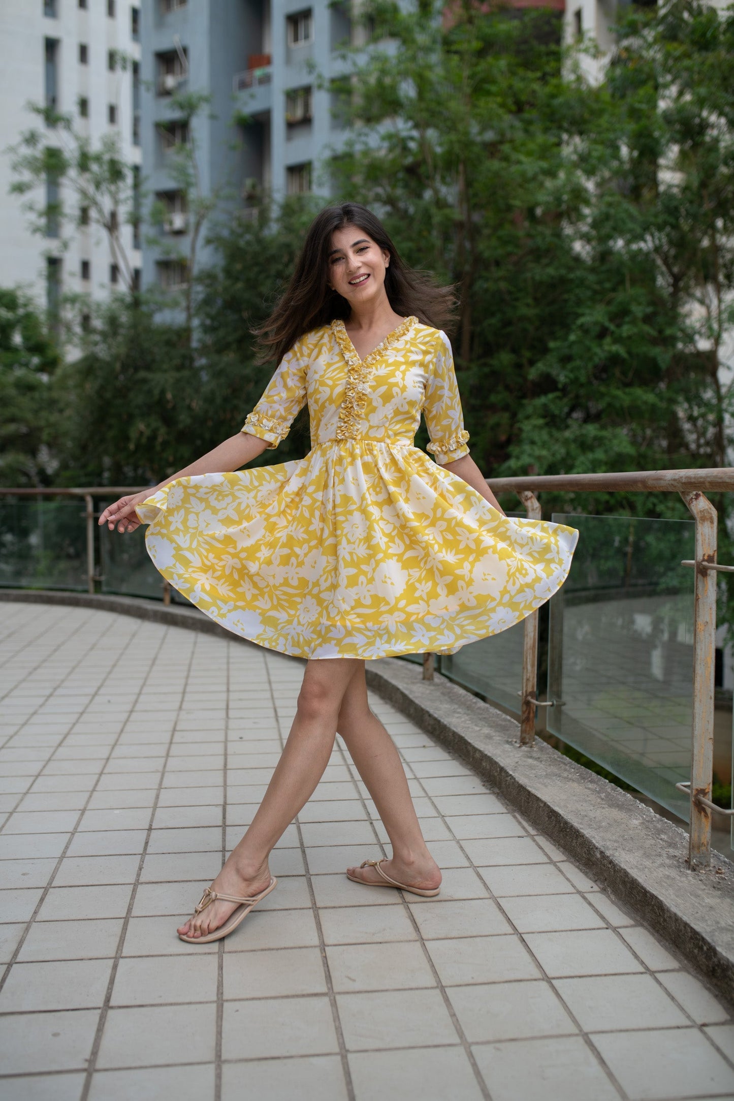 Women's Yellow White Floral Short Dress (1pc) - Label Shaurya Sanadhya