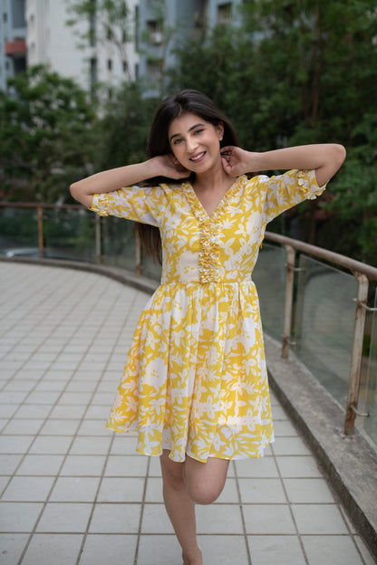 Women's Yellow White Floral Short Dress (1pc) - Label Shaurya Sanadhya