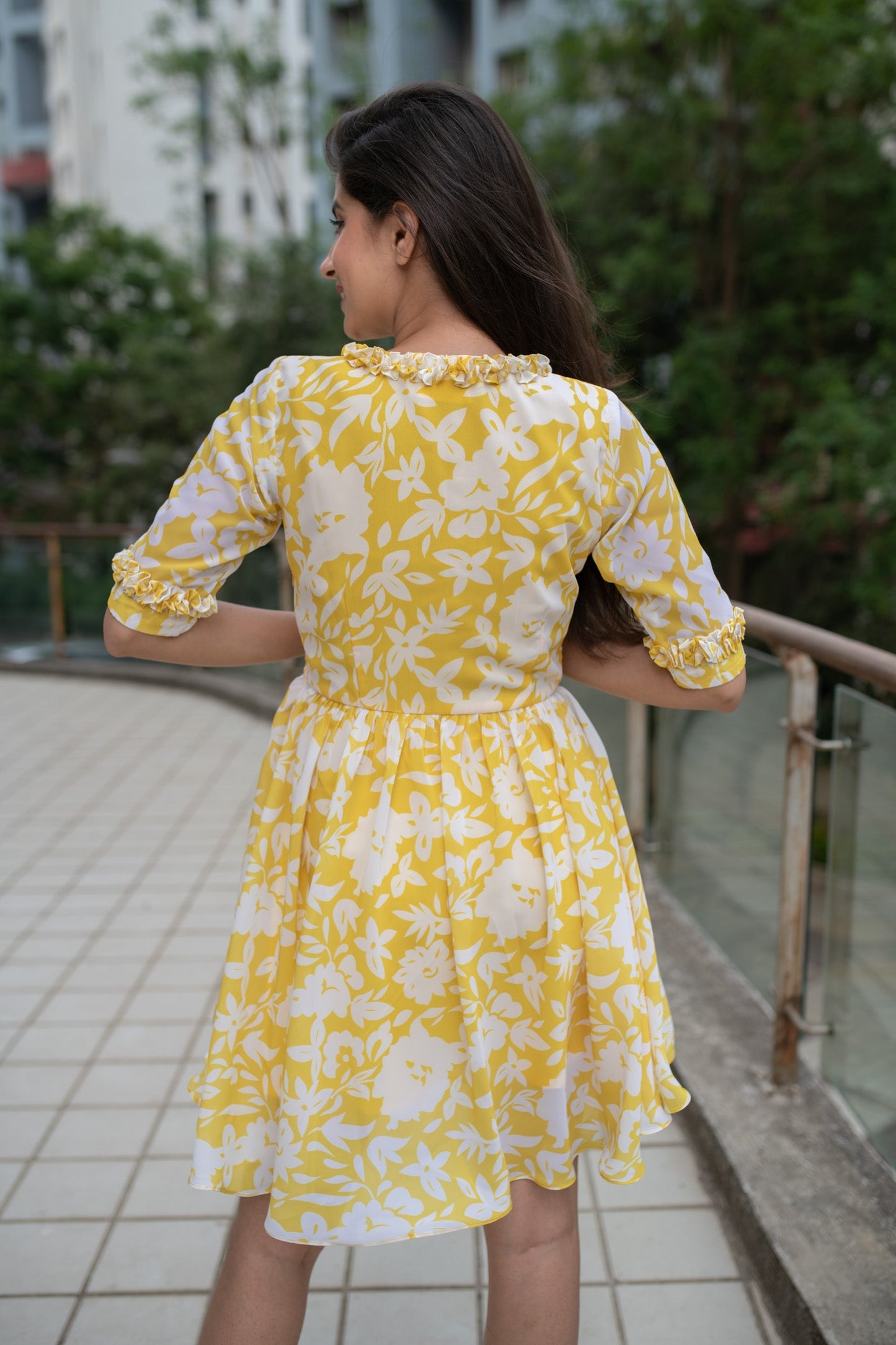 Women's Yellow White Floral Short Dress (1pc) - Label Shaurya Sanadhya