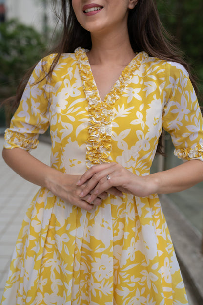 Women's Yellow White Floral Short Dress (1pc) - Label Shaurya Sanadhya