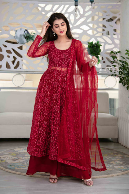 Women's Red Anarkali Suit Set With Palazzo With Net Dupatta - Label Shaurya Sanadhya