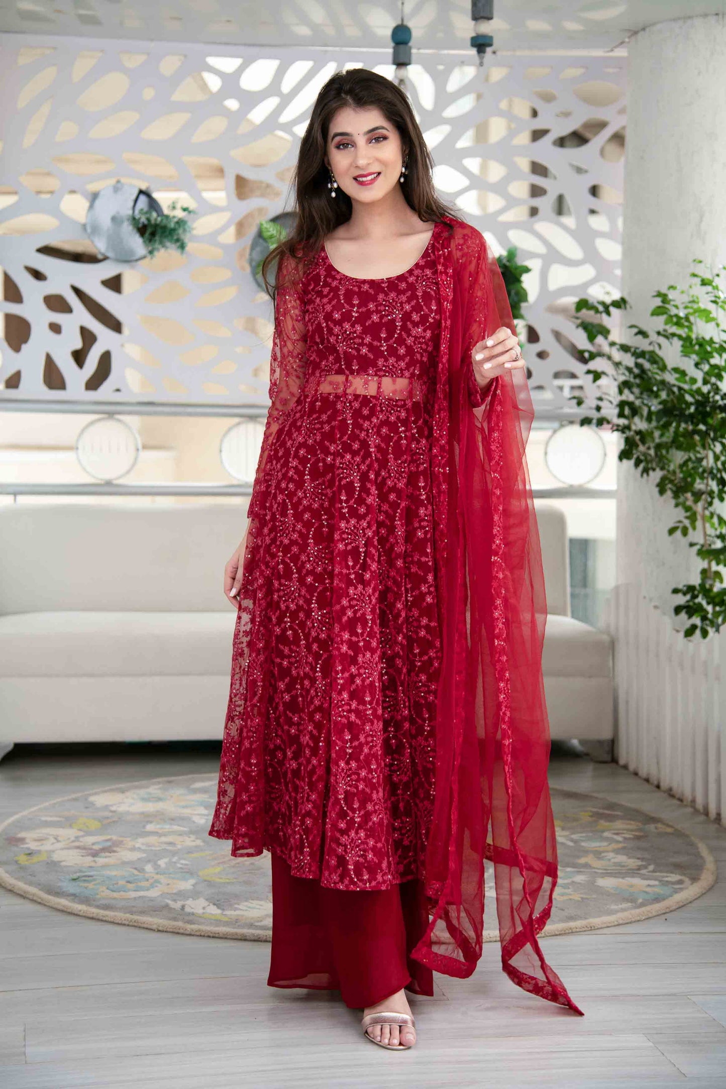 Women's Red Anarkali Suit Set With Palazzo With Net Dupatta - Label Shaurya Sanadhya