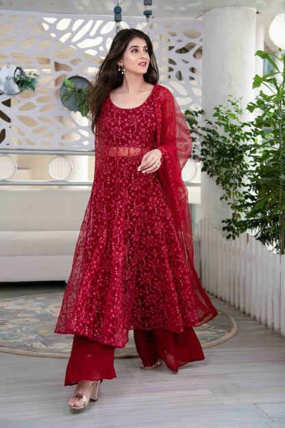 Women's Red Anarkali Suit Set With Palazzo With Net Dupatta - Label Shaurya Sanadhya